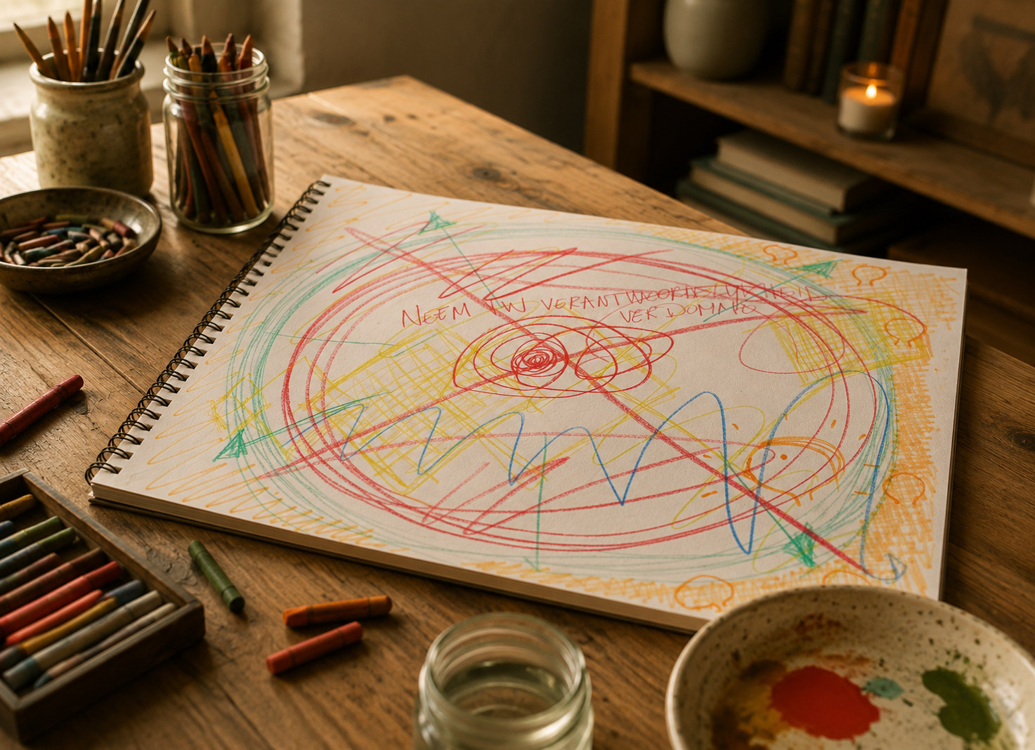 Handen die met oliepastel op groot papier werken in een atelier